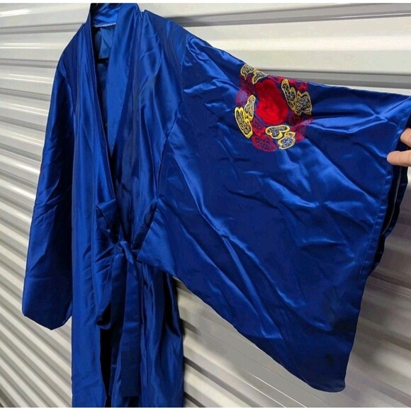 Blue Silky Kimono Robe With Red & Yellow Embroidered Rose Design - Picture 4 of 11